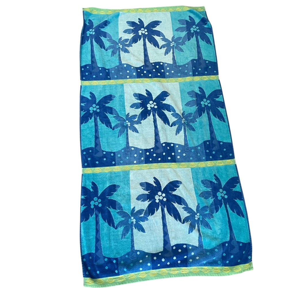 Vintage Welspun Beach Towel 100% Cotton Blue Lime Green 70s Made In India